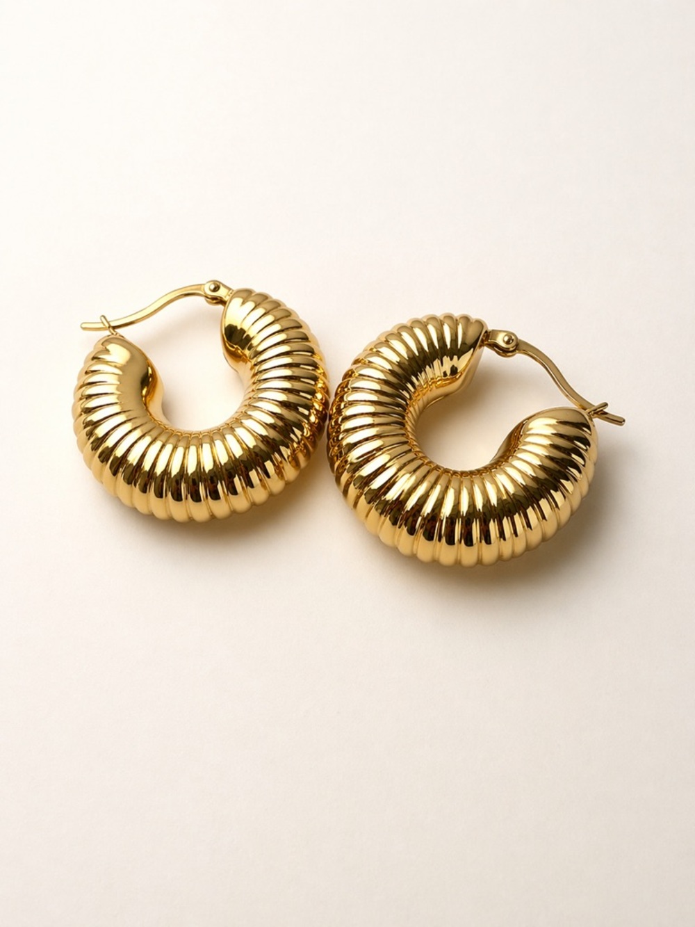 Gold Ribbed Hoop Earrings - Stainless Steel Women Jewelry